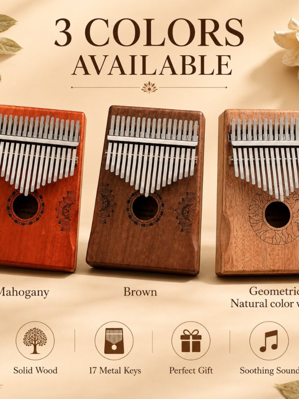 17 Key Mahogany Kalimba Lotus Design Wooden Thumb Piano Gift - Picture 3 of 10